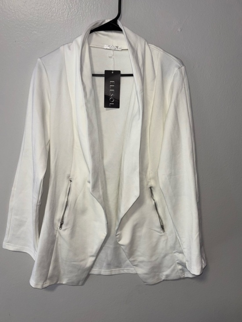 Elle White Open-Front Shawl Collar Blazer with Zipper Pockets
